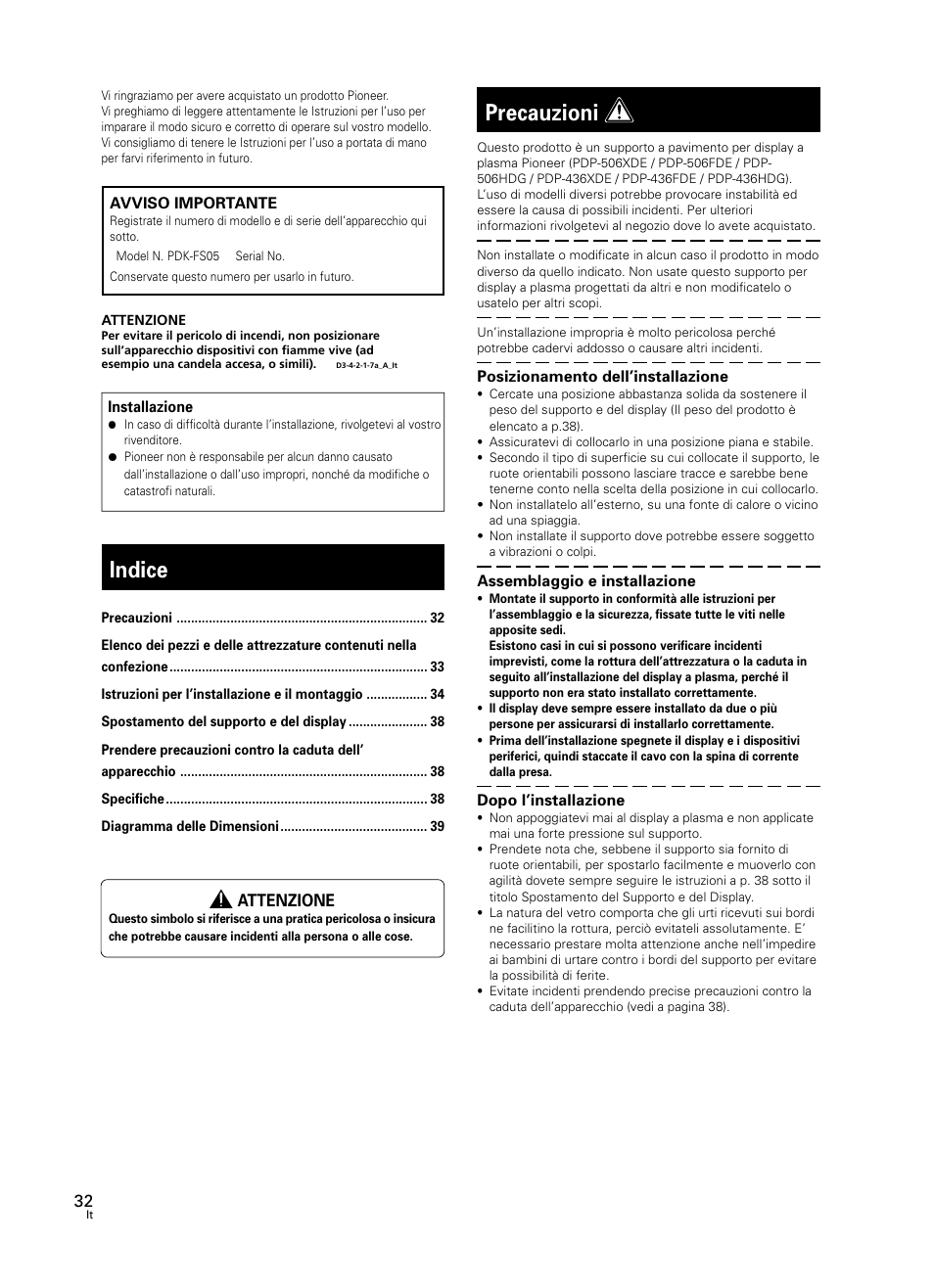 Istruzioni per l’uso, Indice, Precauzioni | Pioneer PDK-FS05 User Manual | Page 32 / 63