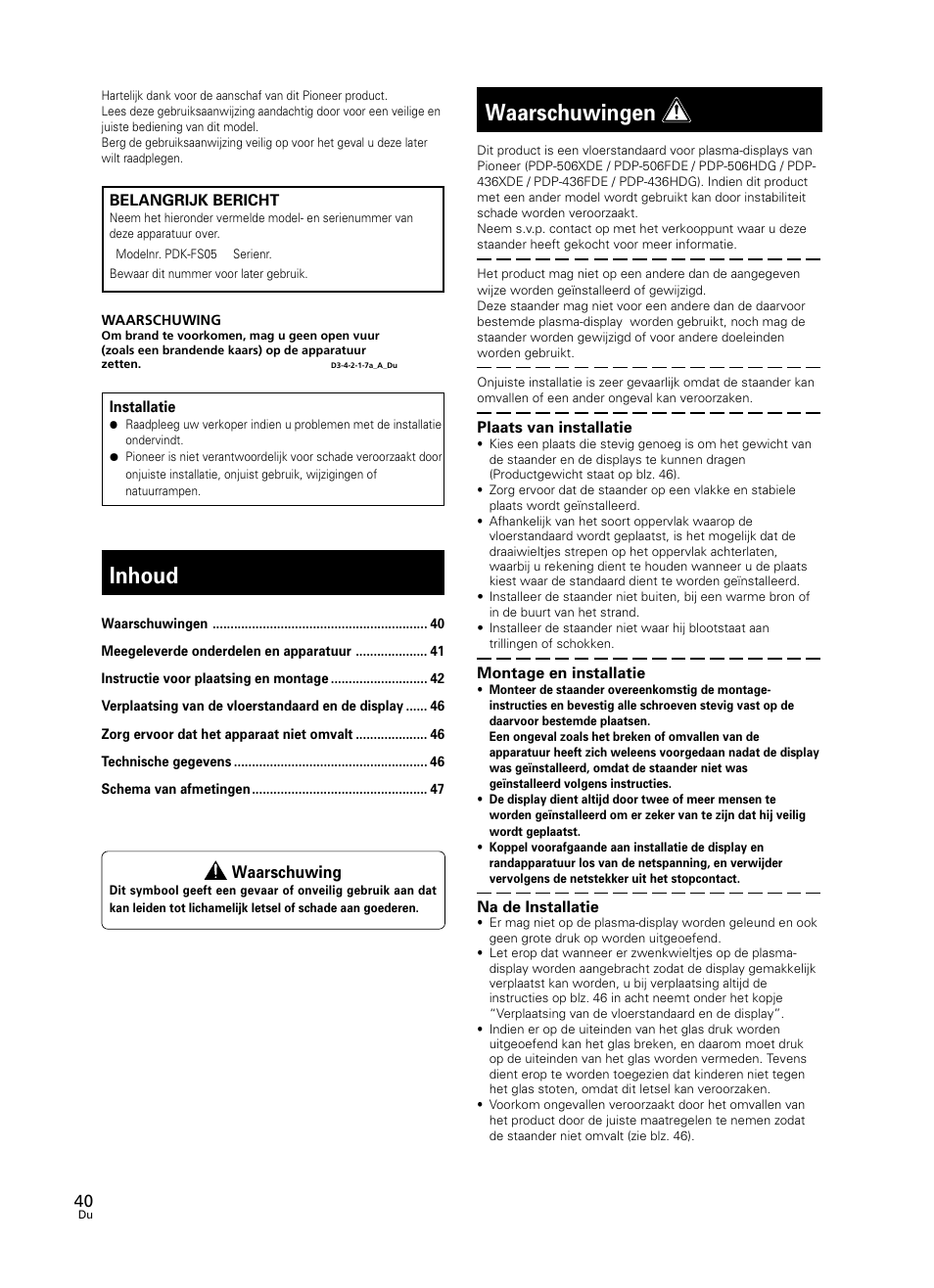 Gebruiksaanwijzing, Inhoud, Waarschuwingen | Pioneer PDK-FS05 User Manual | Page 40 / 63