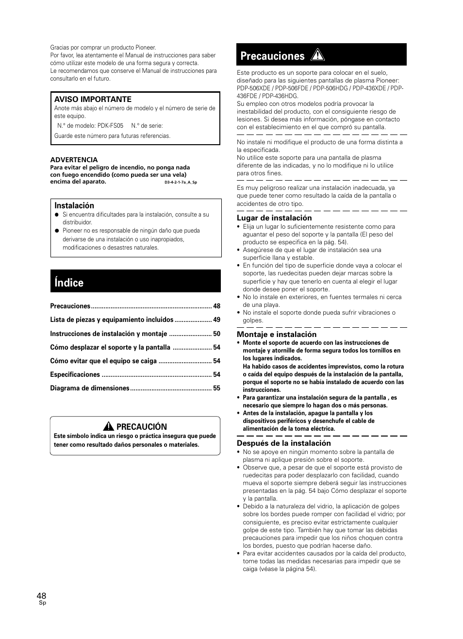 Manual de instrucciones, Ucciones, Índice | Precauciones | Pioneer PDK-FS05 User Manual | Page 48 / 63