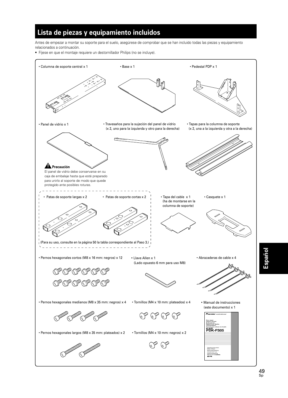 Lista de piezas y equipamiento incluidos, Espa ñ ol | Pioneer PDK-FS05 User Manual | Page 49 / 63