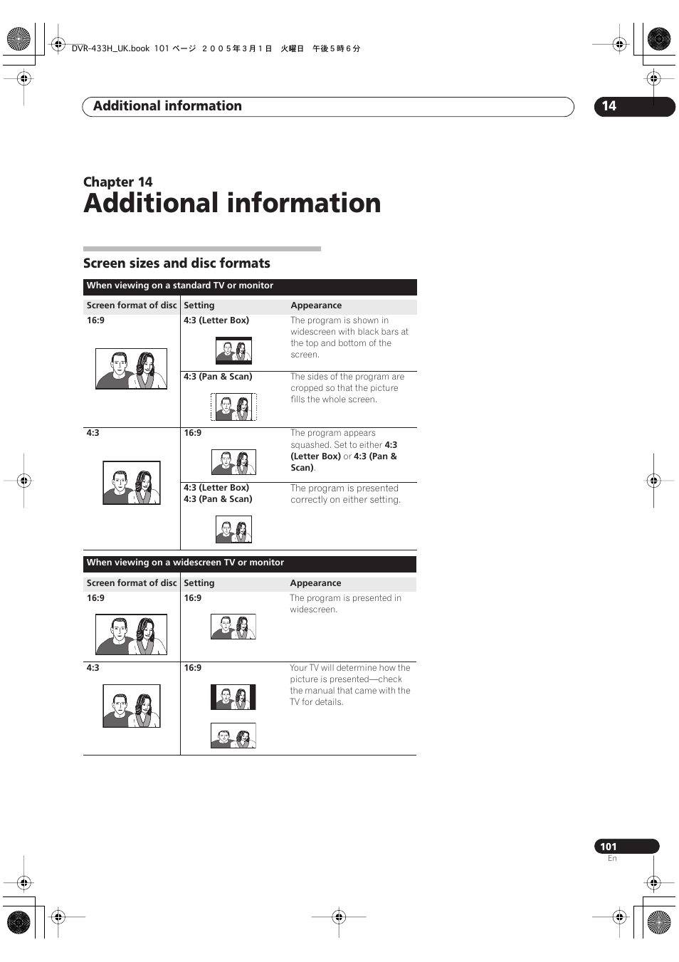 14 additional information, Screen sizes and disc formats, Additional information | Additional information 14, Chapter 14 | Pioneer DVR-433H-K User Manual | Page 101 / 119