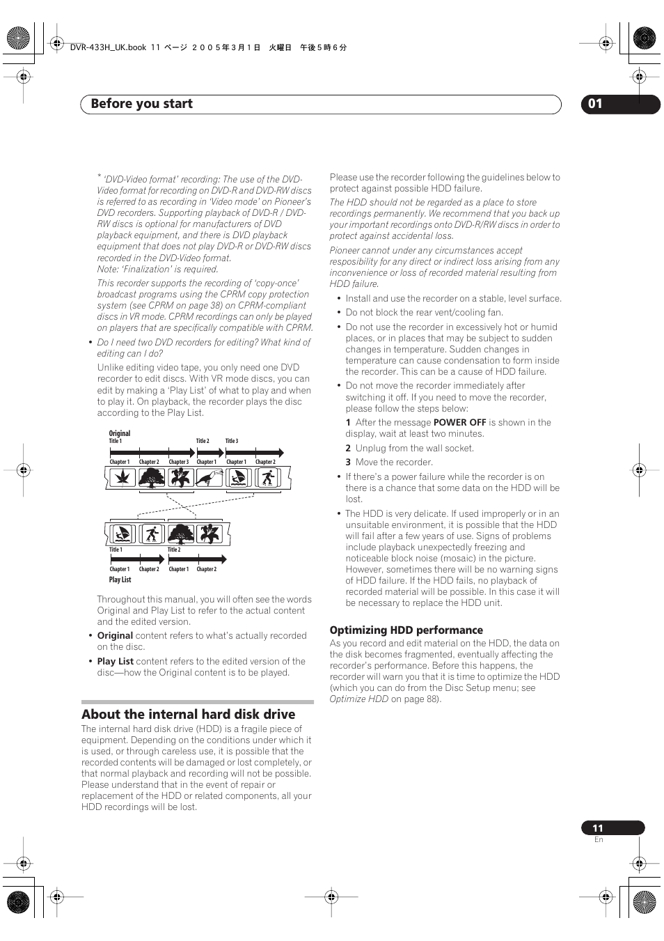 About the internal hard disk drive, Before you start 01 | Pioneer DVR-433H-K User Manual | Page 11 / 119