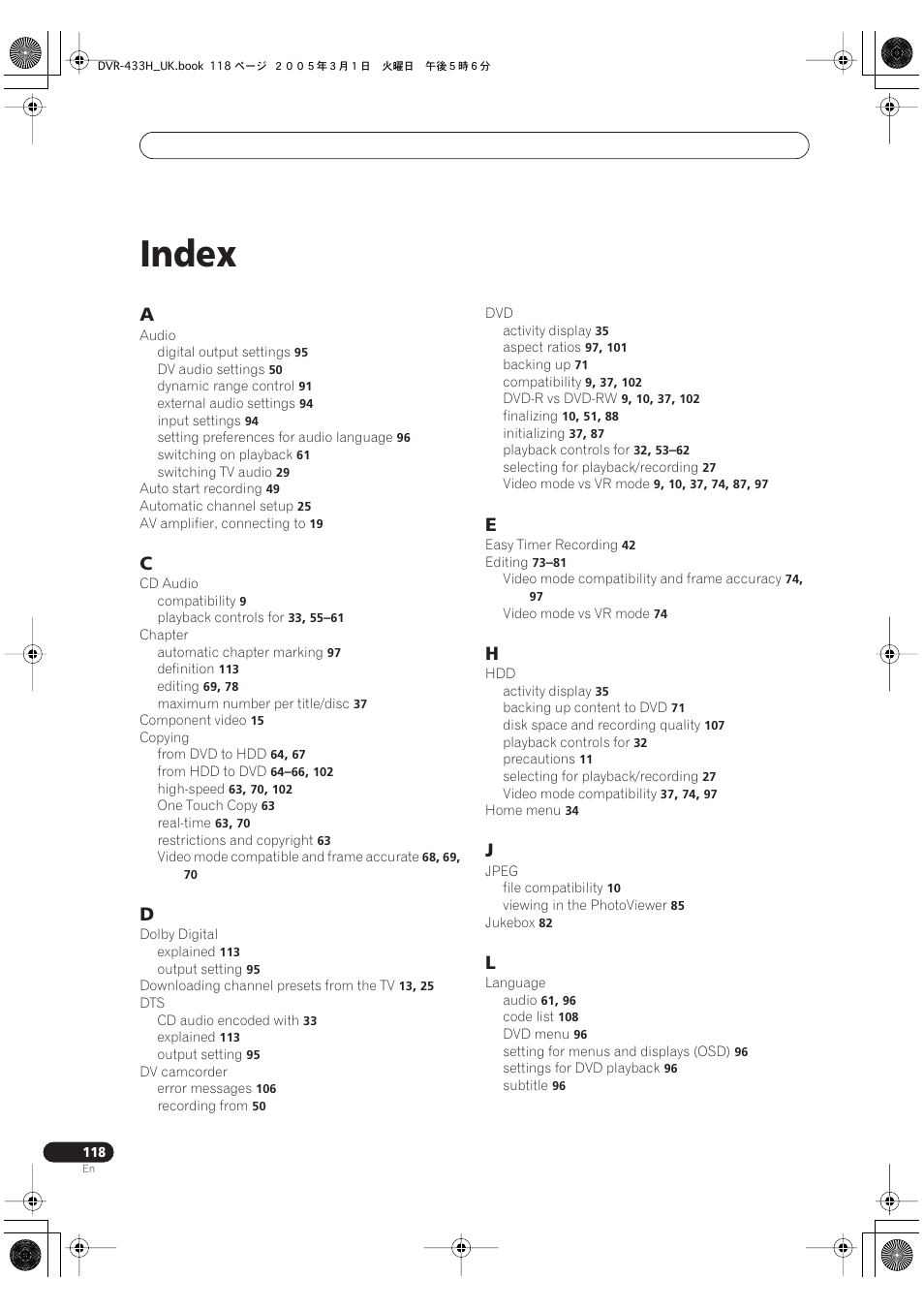 Index | Pioneer DVR-433H-K User Manual | Page 117 / 119
