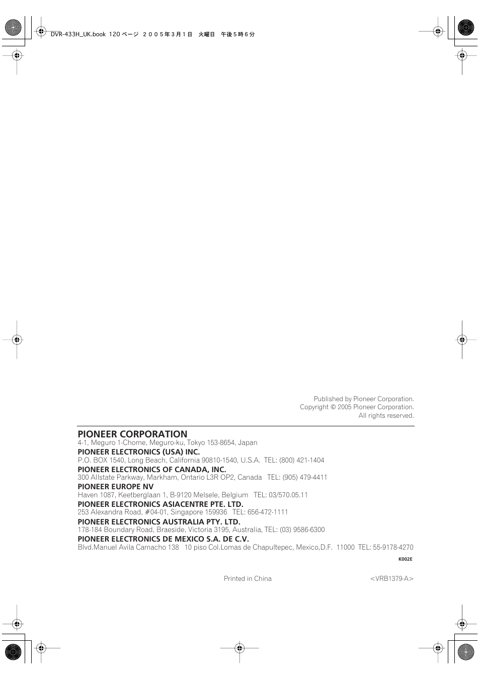 Pioneer corporation | Pioneer DVR-433H-K User Manual | Page 119 / 119