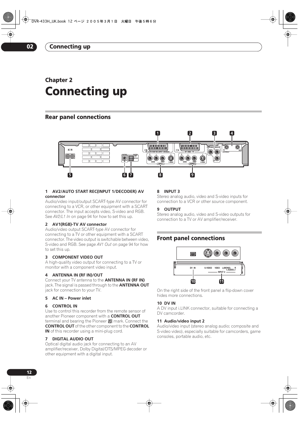 02 connecting up, Rear panel connections, Front panel connections | Connecting up, Connecting up 02, Chapter 2 | Pioneer DVR-433H-K User Manual | Page 12 / 119