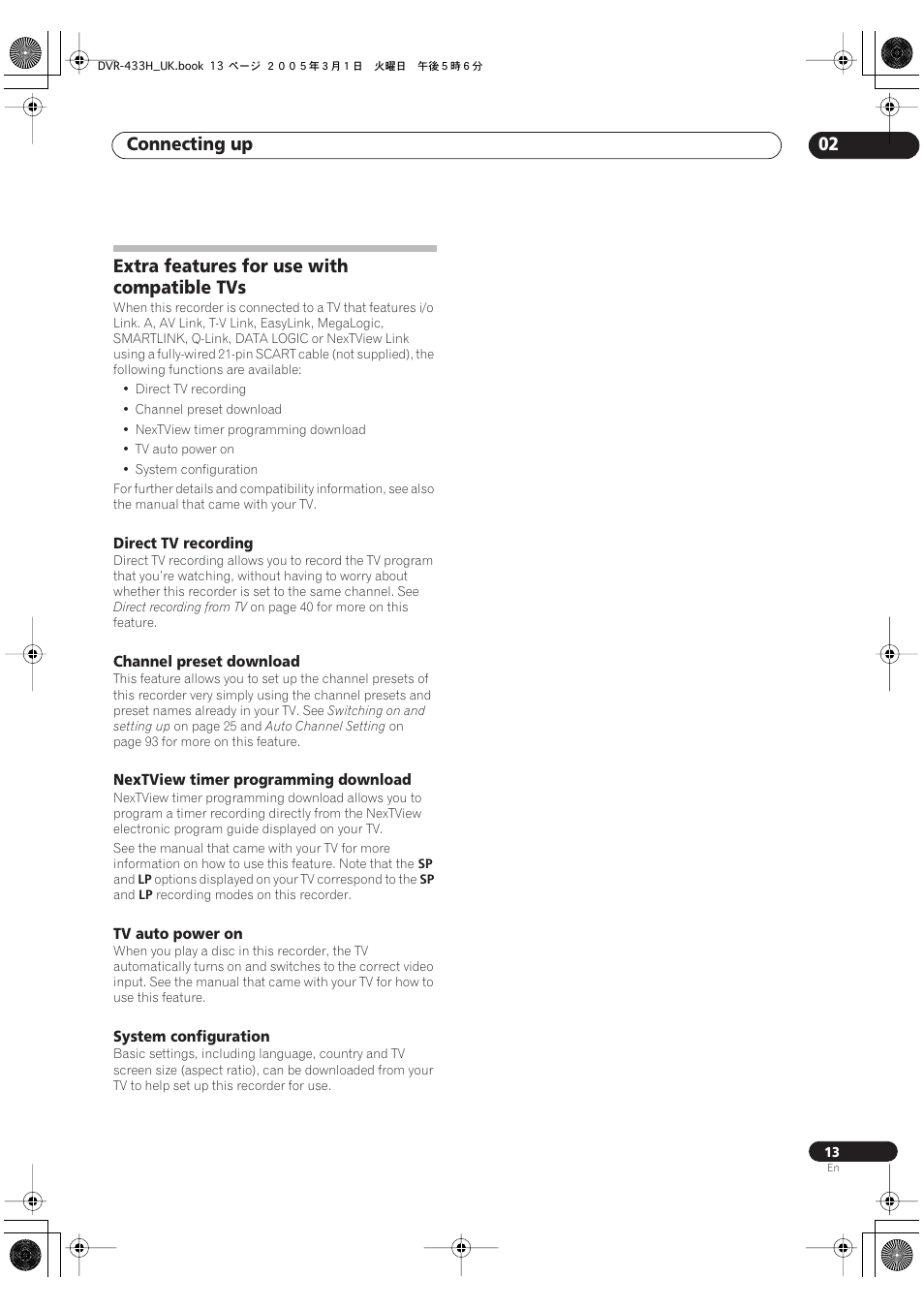 Extra features for use with compatible tvs, Connecting up 02 | Pioneer DVR-433H-K User Manual | Page 13 / 119