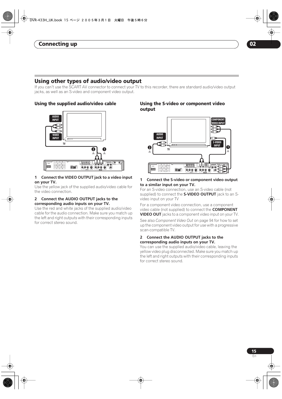 Using other types of audio/video output, Connecting up 02, Using the supplied audio/video cable | Using the s-video or component video output, S-video output, Component video out | Pioneer DVR-433H-K User Manual | Page 15 / 119