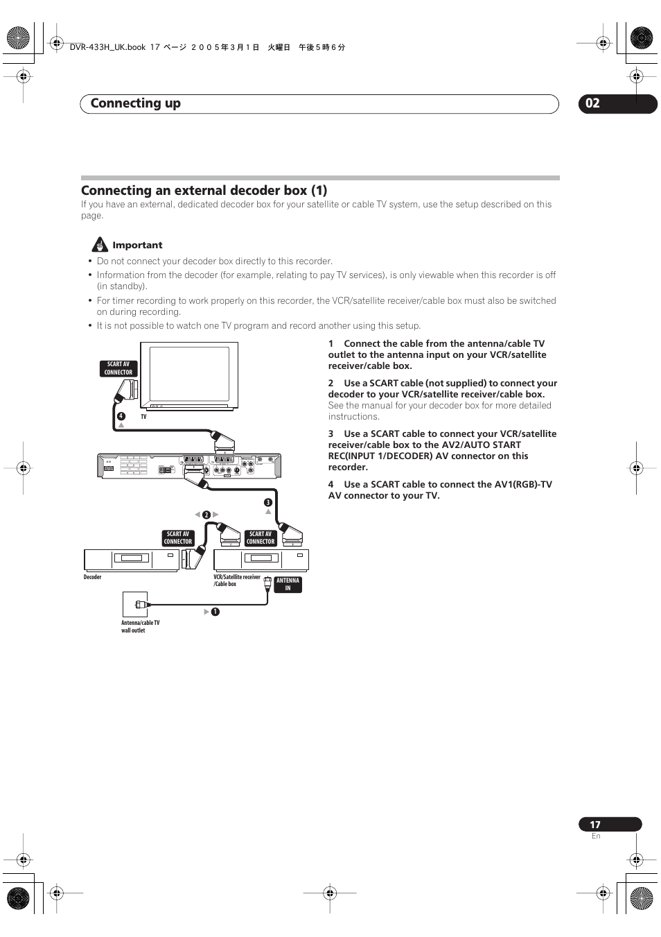Connecting an external decoder box (1), Connecting up 02, Important | Pioneer DVR-433H-K User Manual | Page 17 / 119