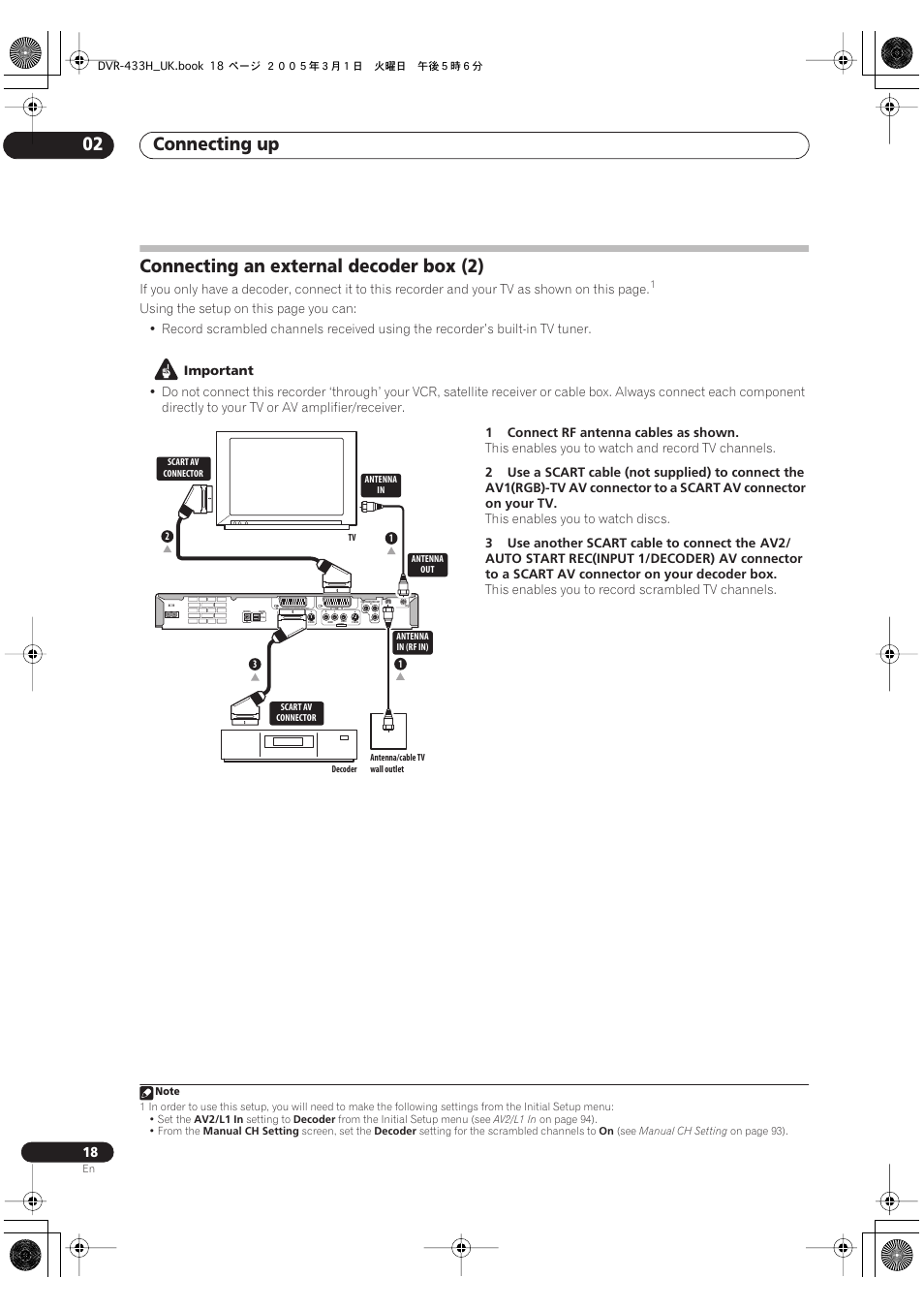 Connecting an external decoder box (2), Connecting up 02 | Pioneer DVR-433H-K User Manual | Page 18 / 119