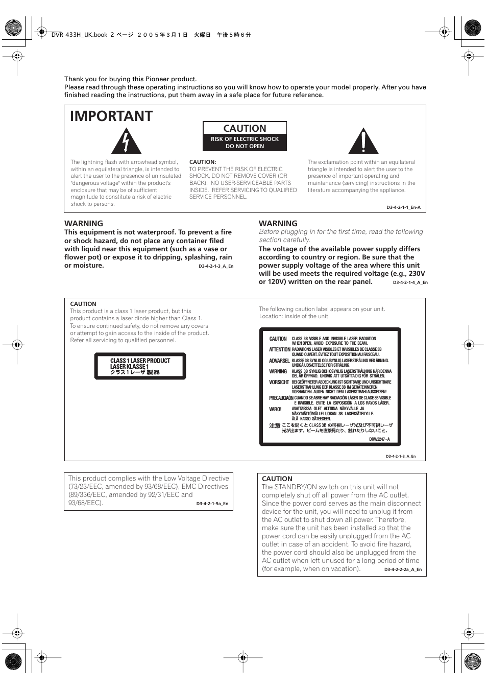Important, Caution, Warning | Pioneer DVR-433H-K User Manual | Page 2 / 119
