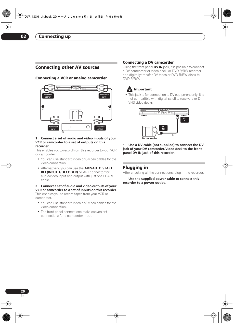 Connecting other av sources, Plugging in, Connecting up 02 | Pioneer DVR-433H-K User Manual | Page 20 / 119