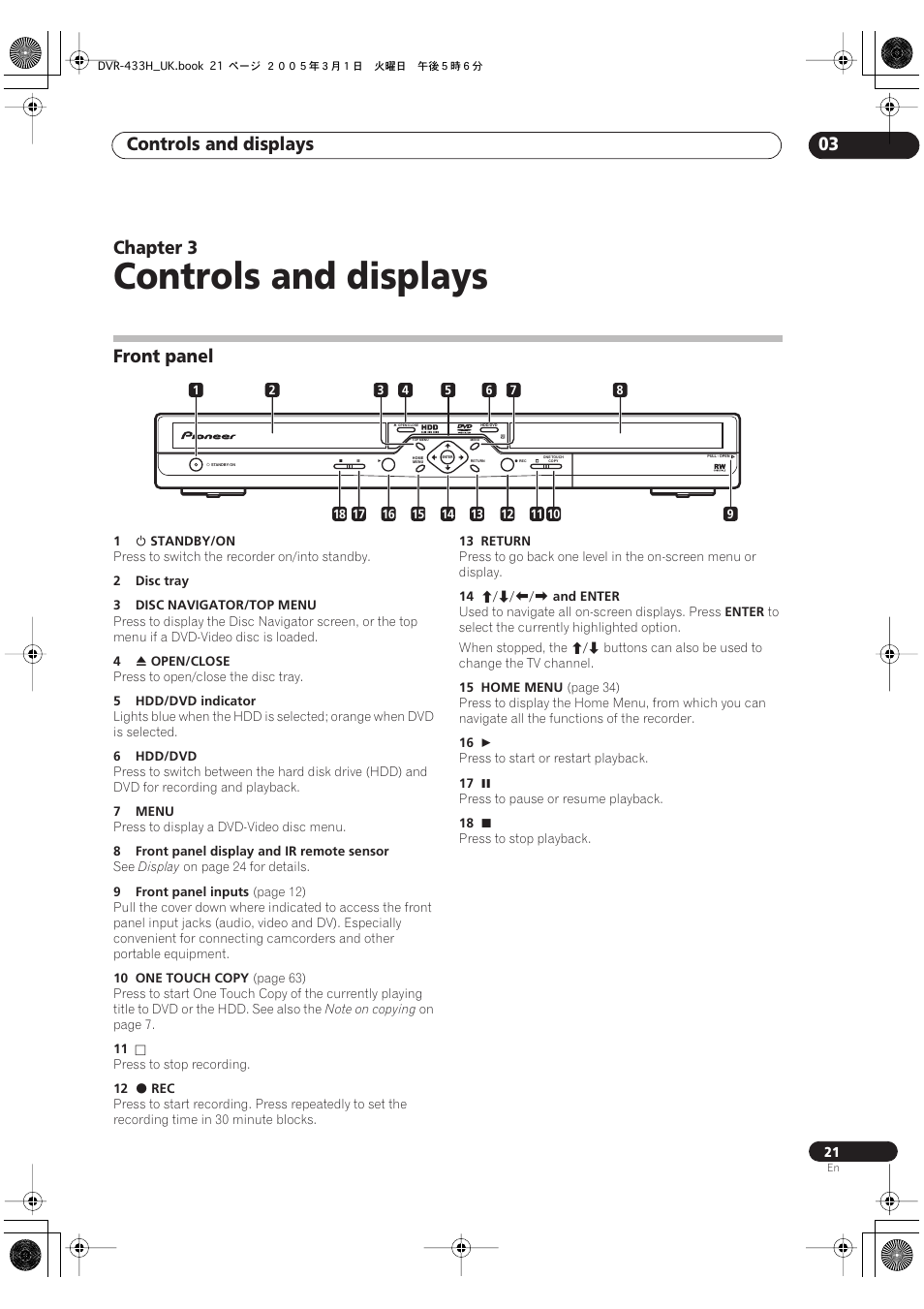 03 controls and displays, Front panel, Controls and displays | Controls and displays 03, Chapter 3 | Pioneer DVR-433H-K User Manual | Page 21 / 119