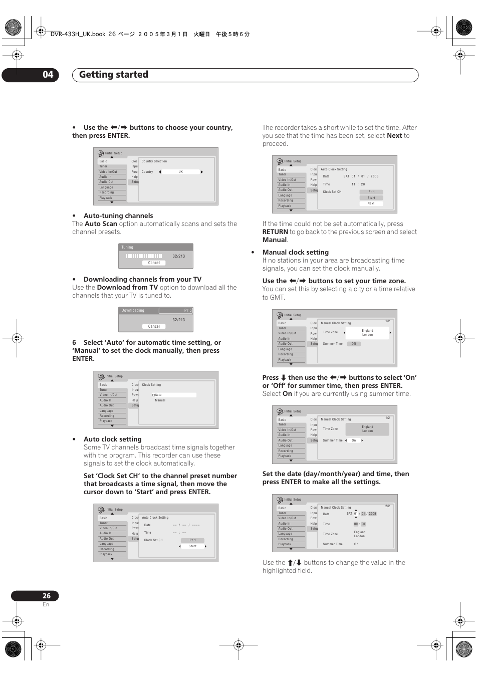 Getting started 04, Use the, Auto scan | Downloading channels from your tv, Download from tv, Next, Return, Manual, Manual clock setting, Buttons to set your time zone | Pioneer DVR-433H-K User Manual | Page 26 / 119