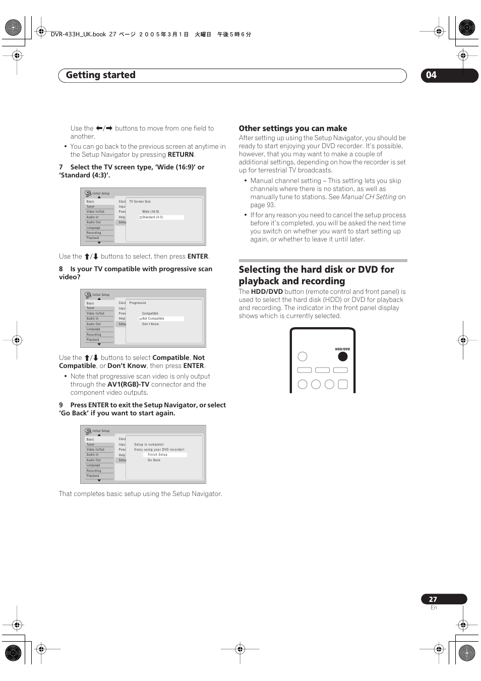 Getting started 04, Other settings you can make | Pioneer DVR-433H-K User Manual | Page 27 / 119