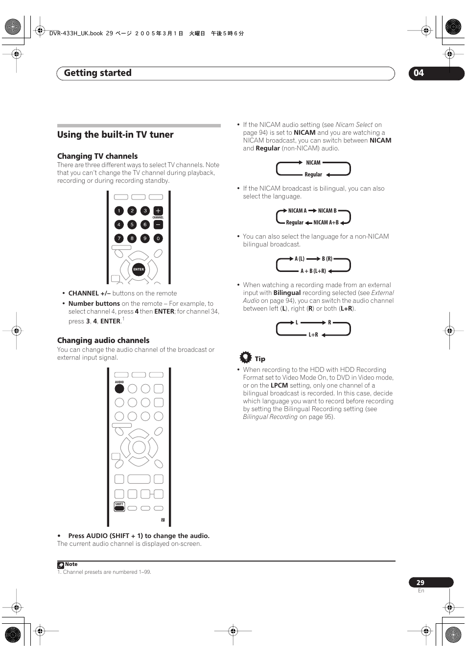 Using the built-in tv tuner, Getting started 04, Changing tv channels | Changing audio channels | Pioneer DVR-433H-K User Manual | Page 29 / 119