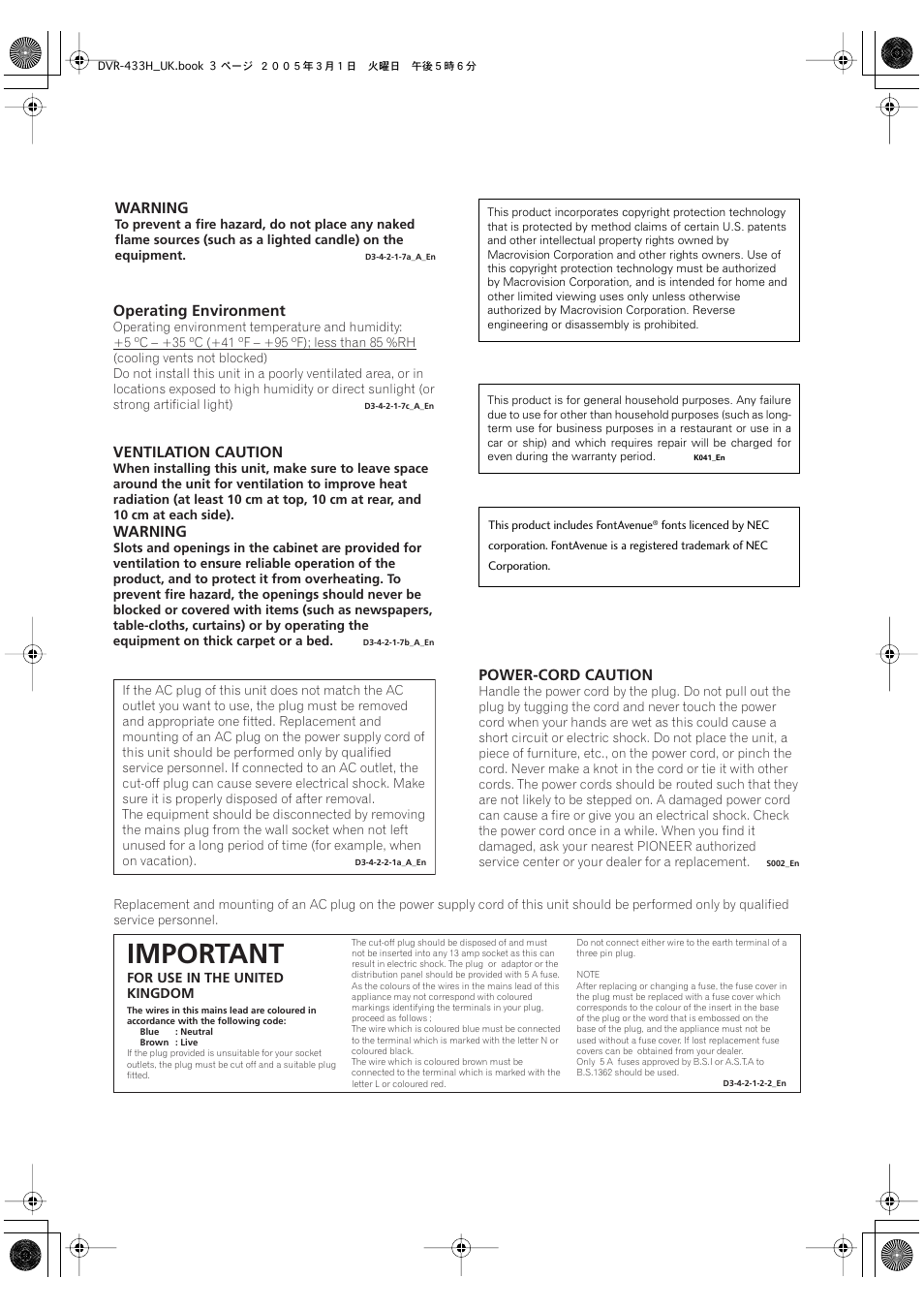 Important, Warning, Ventilation caution | Operating environment, Power-cord caution | Pioneer DVR-433H-K User Manual | Page 3 / 119