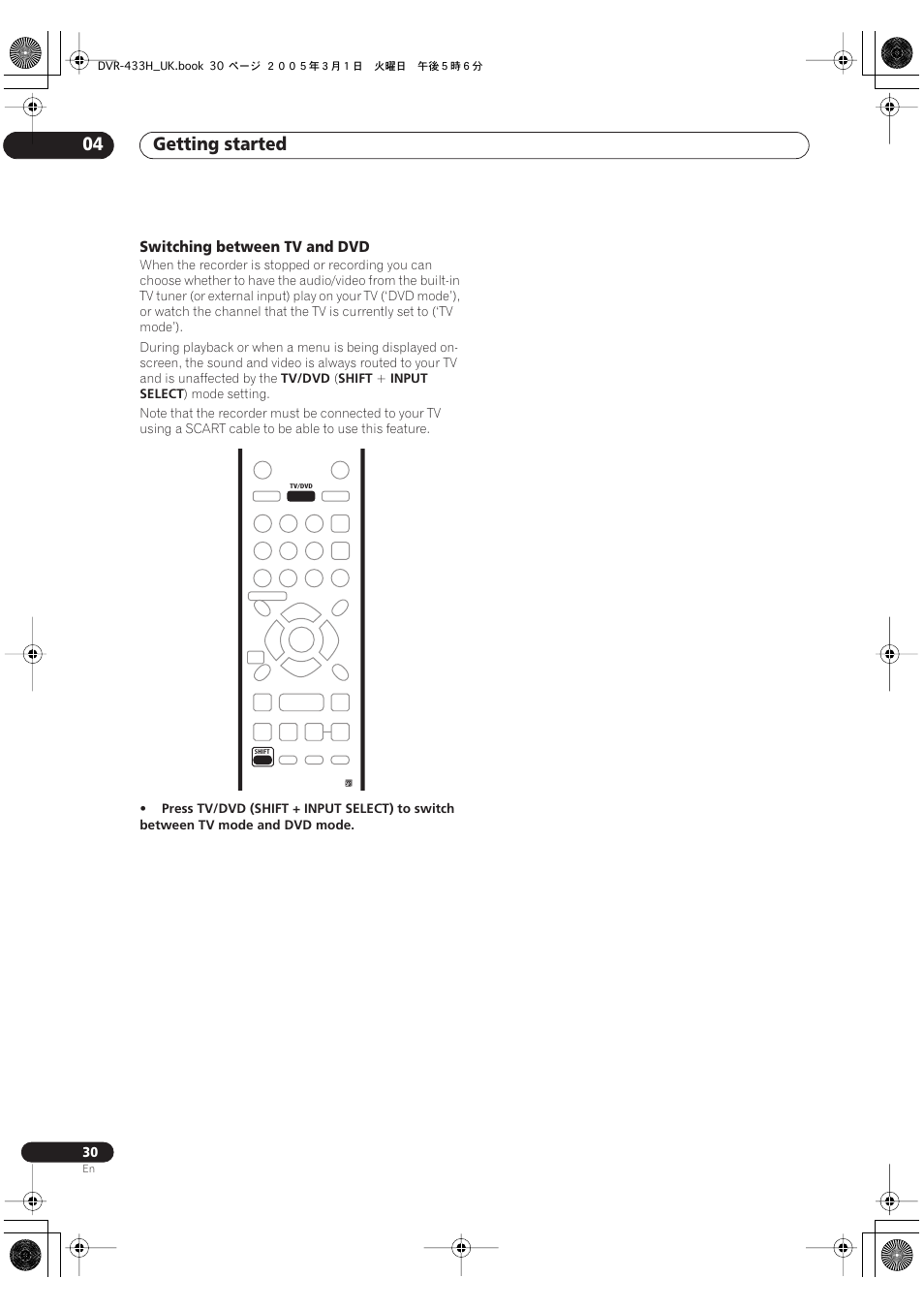 Getting started 04, Switching between tv and dvd | Pioneer DVR-433H-K User Manual | Page 30 / 119