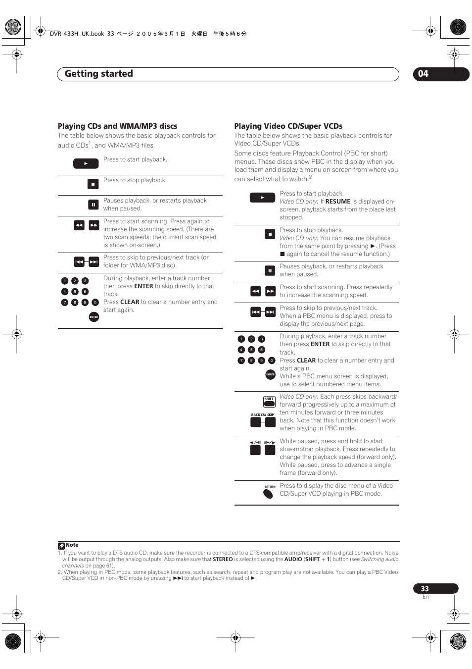 Getting started 04, Playing cds and wma/mp3 discs, Playing video cd/super vcds | Pioneer DVR-433H-K User Manual | Page 33 / 119