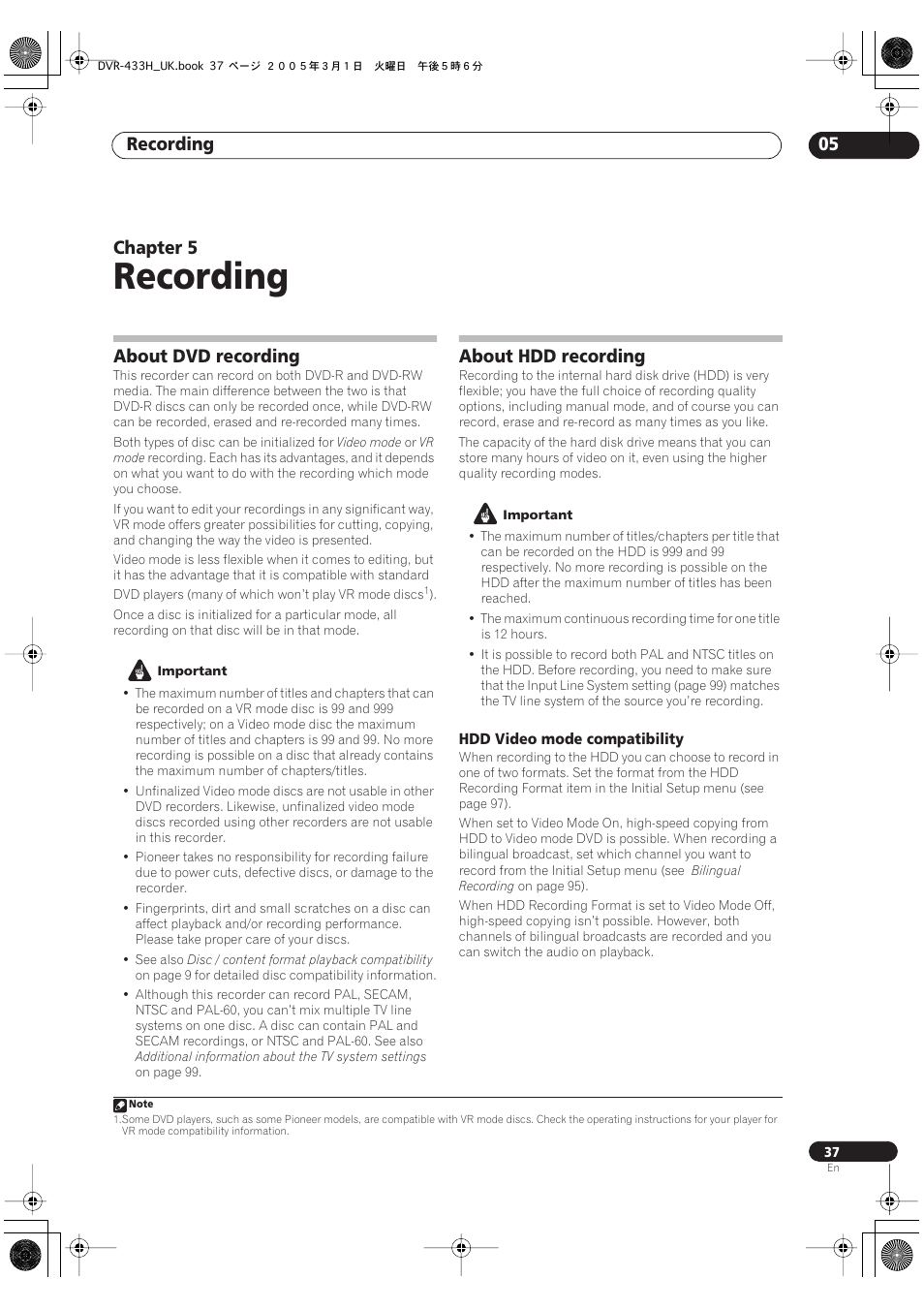 05 recording, About dvd recording, About hdd recording | Recording, Recording 05, Chapter 5 | Pioneer DVR-433H-K User Manual | Page 37 / 119