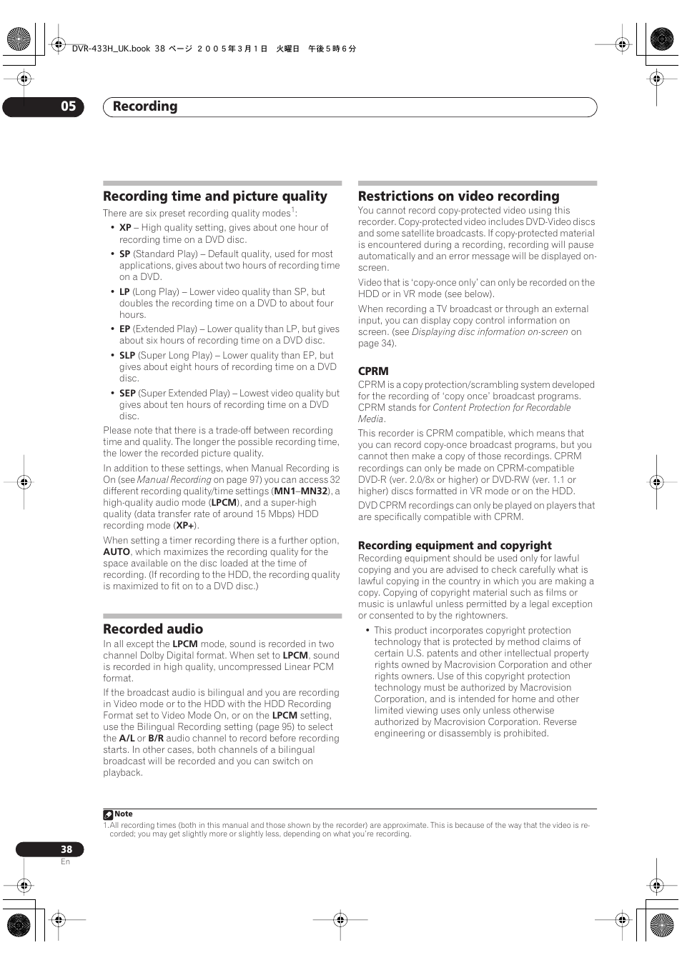 Recording time and picture quality, Recorded audio, Restrictions on video recording | Recording 05 | Pioneer DVR-433H-K User Manual | Page 38 / 119