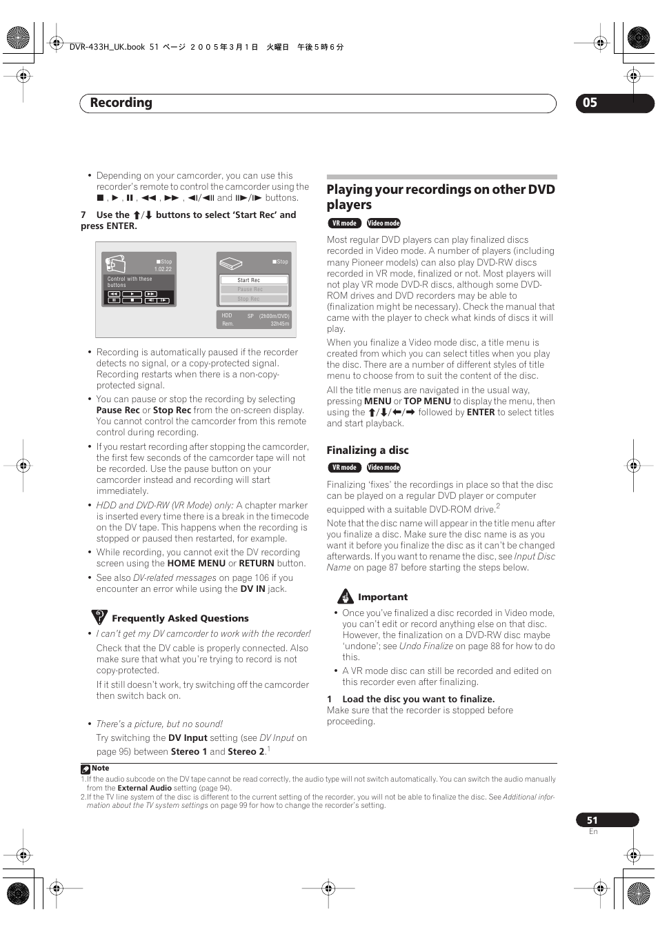 Playing your recordings on other dvd players, Recording 05 | Pioneer DVR-433H-K User Manual | Page 51 / 119