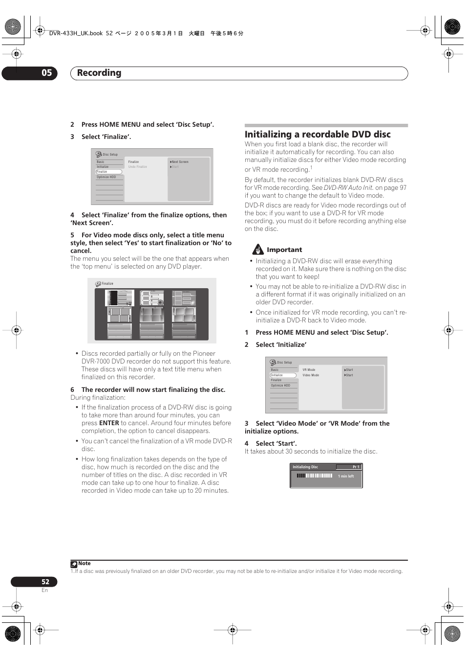 Initializing a recordable dvd disc, Recording 05 | Pioneer DVR-433H-K User Manual | Page 52 / 119