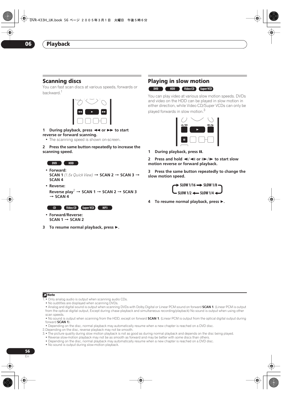 Scanning discs, Playing in slow motion, Playback 06 | Pioneer DVR-433H-K User Manual | Page 56 / 119