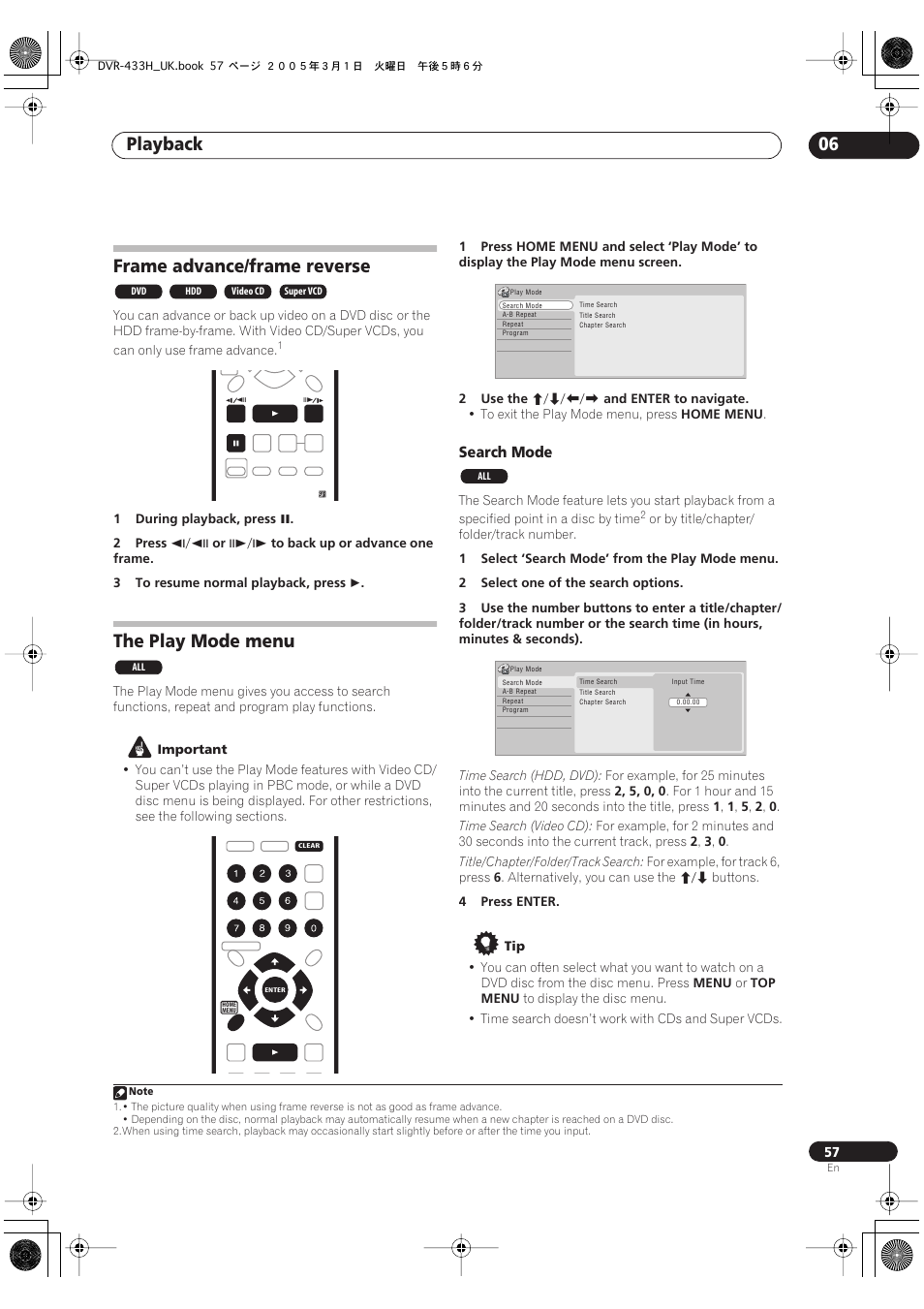 Frame advance/frame reverse, The play mode menu, Playback 06 | Search mode | Pioneer DVR-433H-K User Manual | Page 57 / 119