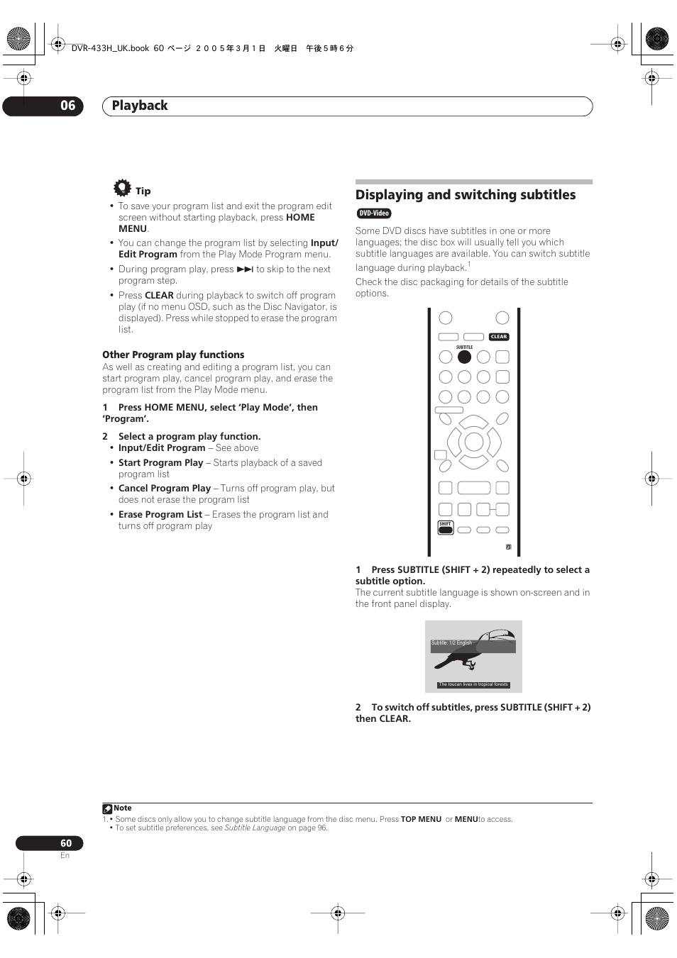 Displaying and switching subtitles, Playback 06 | Pioneer DVR-433H-K User Manual | Page 60 / 119