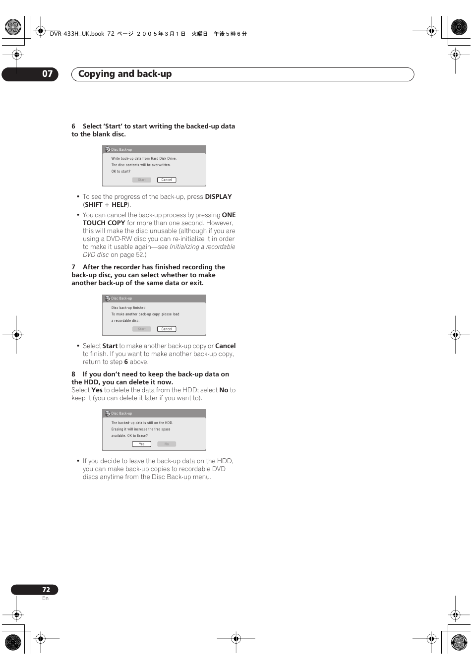 Copying and back-up 07 | Pioneer DVR-433H-K User Manual | Page 72 / 119