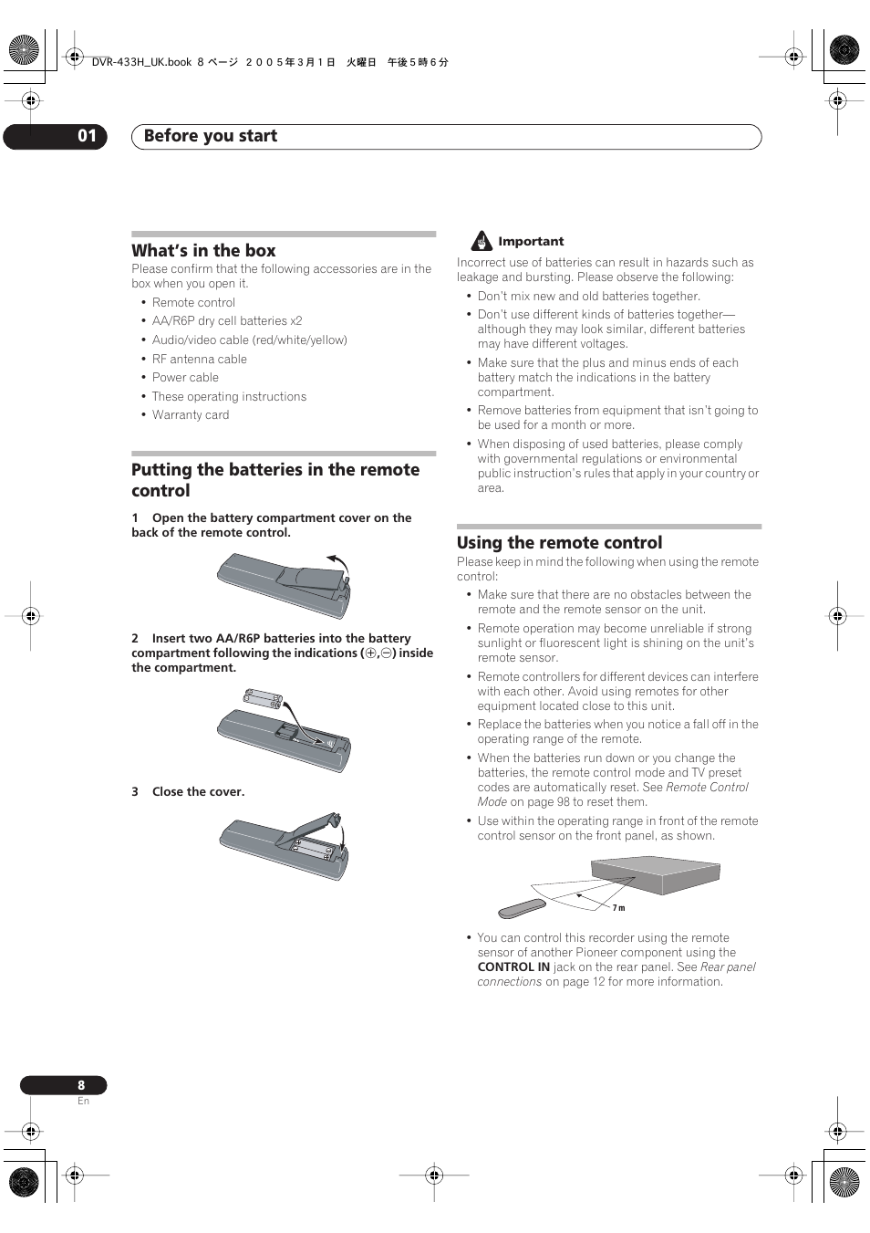 What’s in the box, Putting the batteries in the remote control, Using the remote control | Before you start 01 | Pioneer DVR-433H-K User Manual | Page 8 / 119