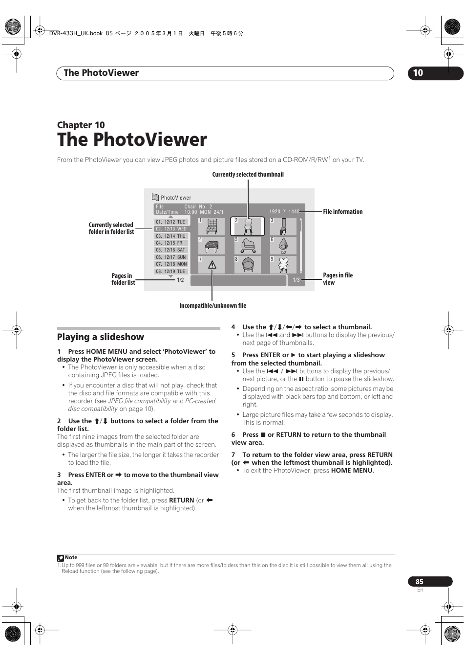 10 the photoviewer, Playing a slideshow, The photoviewer | The photoviewer 10, Chapter 10 | Pioneer DVR-433H-K User Manual | Page 85 / 119