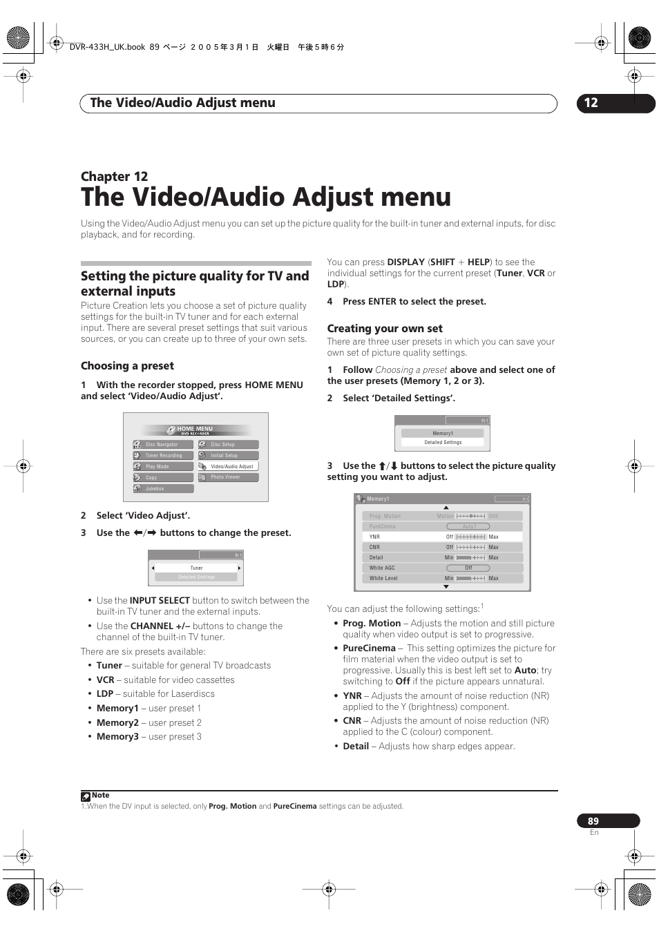 12 the video/audio adjust menu, The video/audio adjust menu, The video/audio adjust menu 12 | Chapter 12, Choosing a preset, Creating your own set | Pioneer DVR-433H-K User Manual | Page 89 / 119