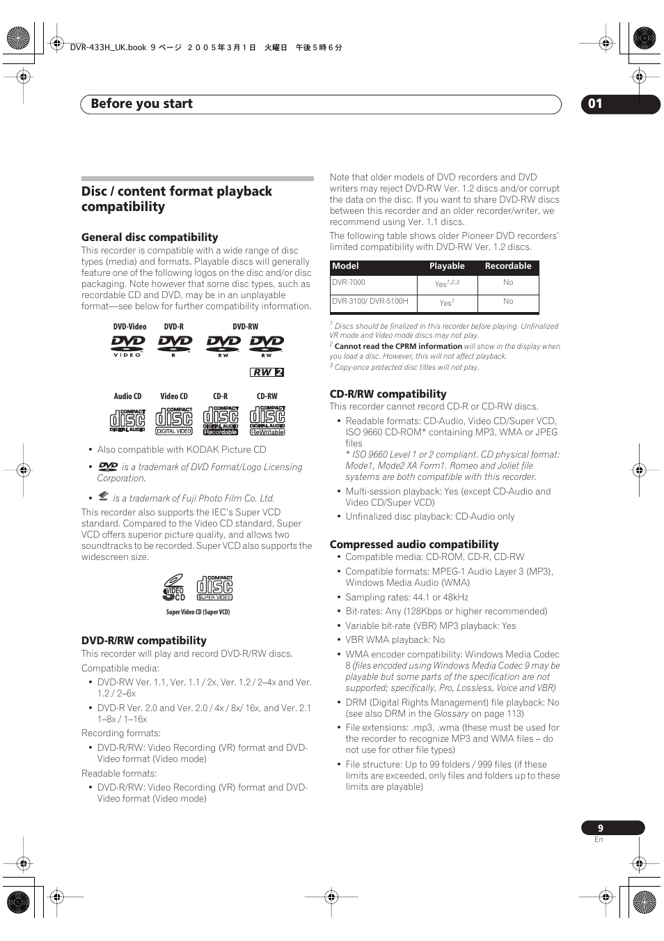 Disc / content format playback compatibility, Before you start 01 | Pioneer DVR-433H-K User Manual | Page 9 / 119