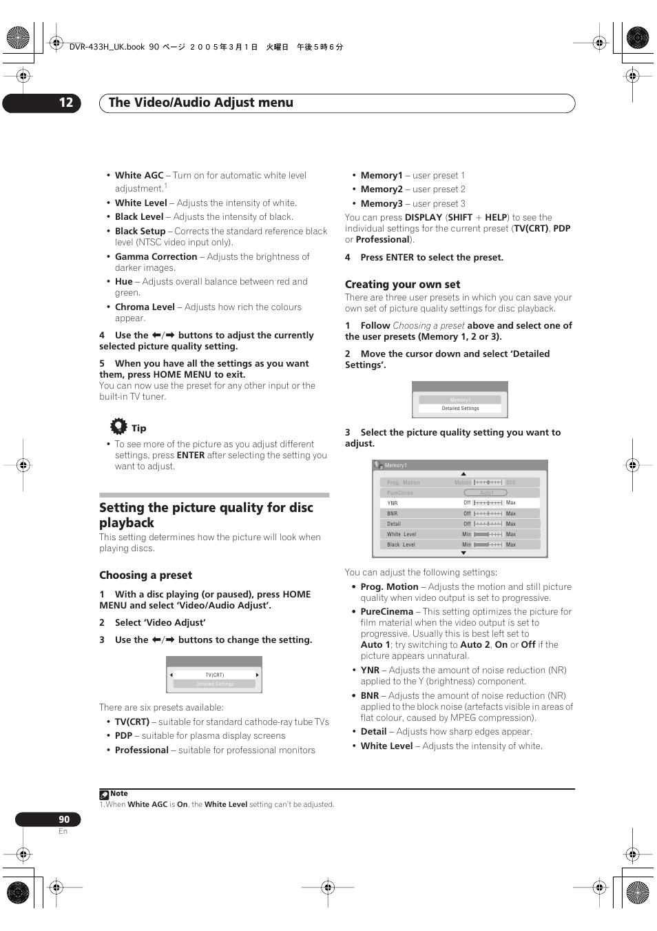 Setting the picture quality for disc playback, The video/audio adjust menu 12 | Pioneer DVR-433H-K User Manual | Page 90 / 119