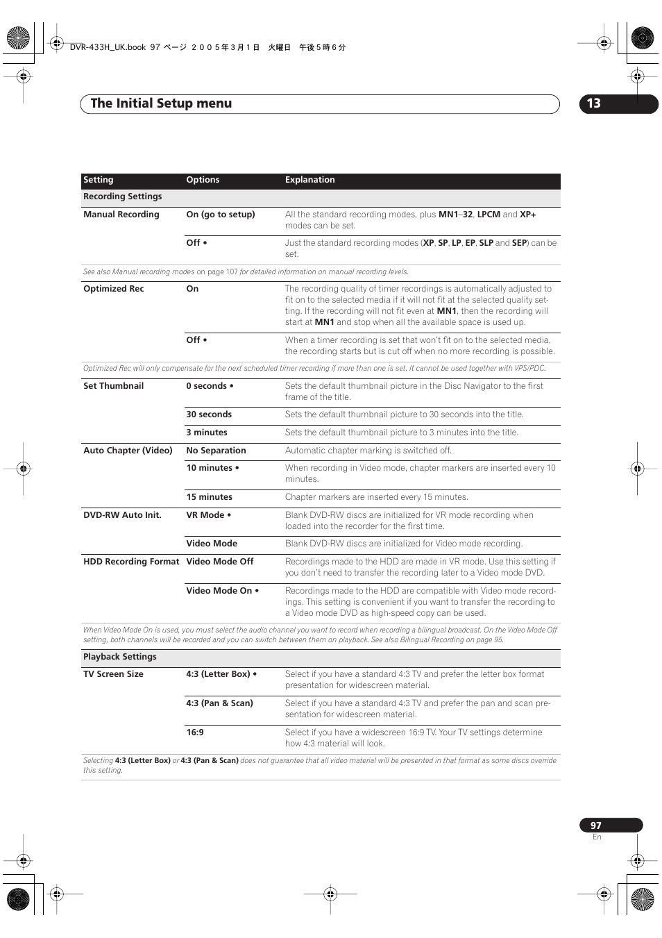 The initial setup menu 13 | Pioneer DVR-433H-K User Manual | Page 97 / 119