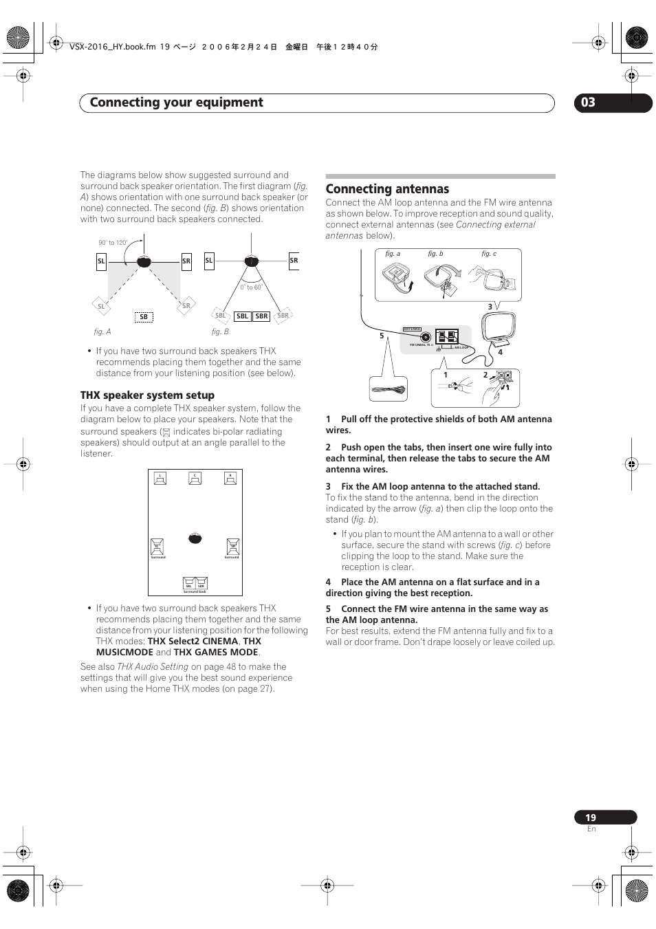 Thx speaker system setup, Connecting antennas, Connecting your equipment 03 | Pioneer VSX-2016AV User Manual | Page 19 / 79