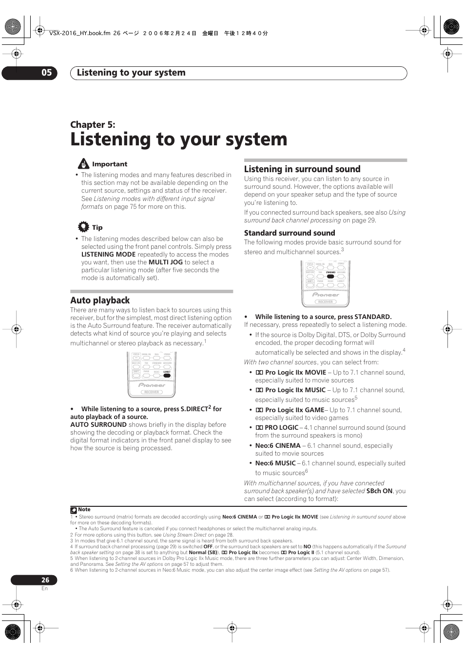 05 listening to your system, Auto playback listening in surround sound, Standard surround sound | Listening to your system, Listening to your system 05, Chapter 5, Auto playback, Listening in surround sound | Pioneer VSX-2016AV User Manual | Page 26 / 79