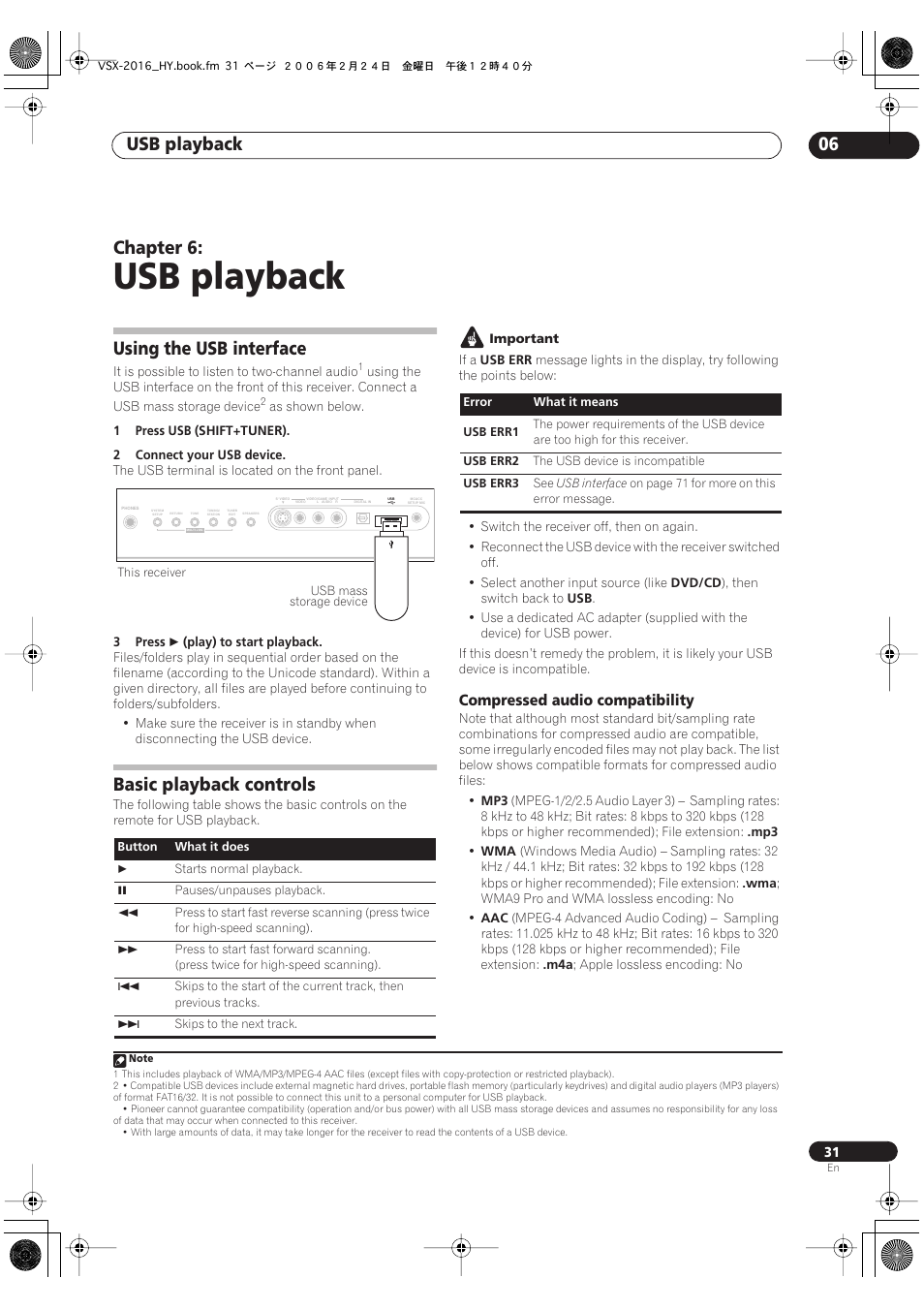 06 usb playback, Using the usb interface basic playback controls, Compressed audio compatibility | Usb playback, Usb playback 06, Chapter 6, Using the usb interface, Basic playback controls | Pioneer VSX-2016AV User Manual | Page 31 / 79