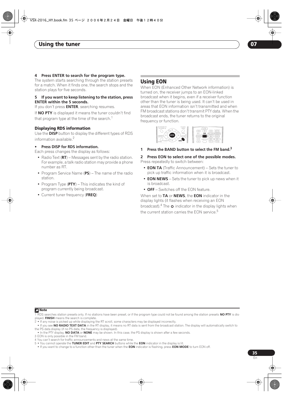 Using eon, Using the tuner 07 | Pioneer VSX-2016AV User Manual | Page 35 / 79