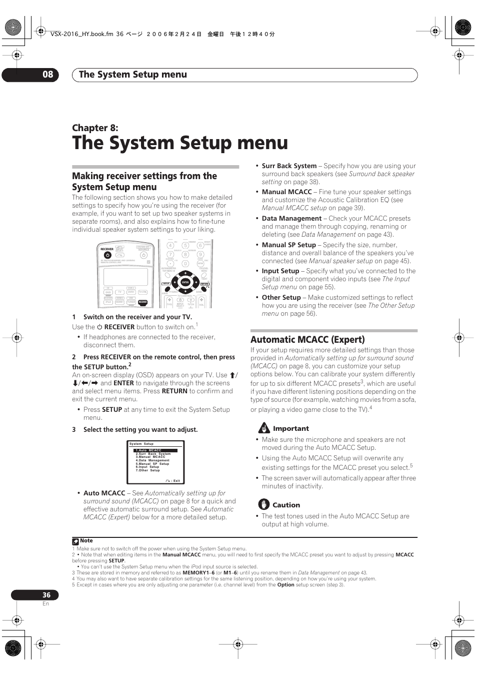 08 the system setup menu, The system setup menu, The system setup menu 08 | Chapter 8, Automatic mcacc (expert) | Pioneer VSX-2016AV User Manual | Page 36 / 79