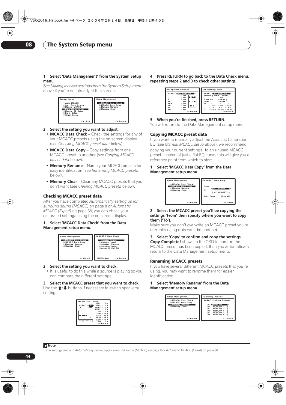 The system setup menu 08, Above if you’re not already at this screen, 2select the setting you want to adjust | Mcacc data check, Checking mcacc preset data, Below), Mcacc data copy, Copying mcacc preset data, Renaming mcacc presets, Clear any mcacc presets that you don’t want (see | Pioneer VSX-2016AV User Manual | Page 44 / 79