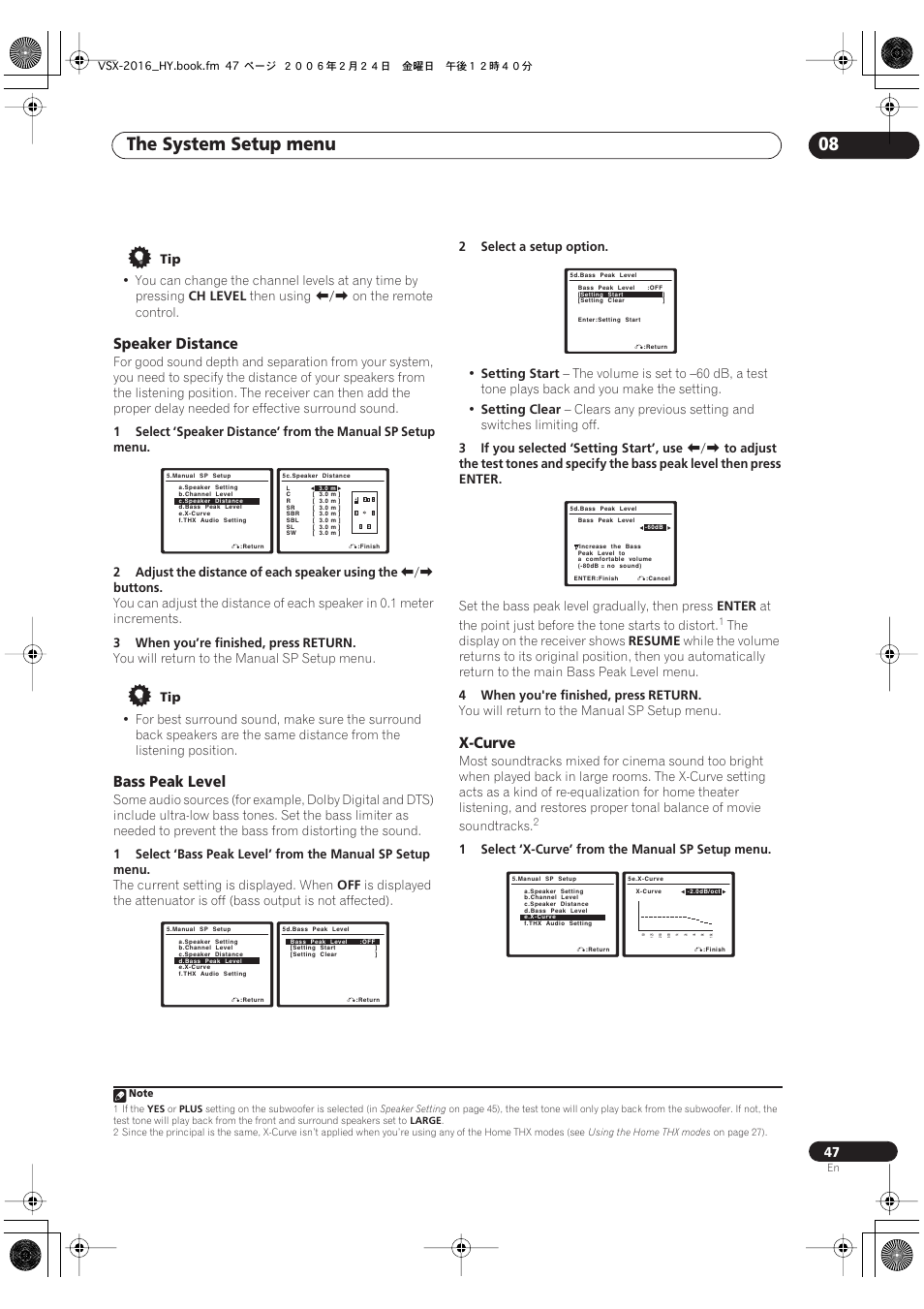 Speaker distance bass peak level x-curve, The system setup menu 08, Speaker distance | Bass peak level, X-curve | Pioneer VSX-2016AV User Manual | Page 47 / 79
