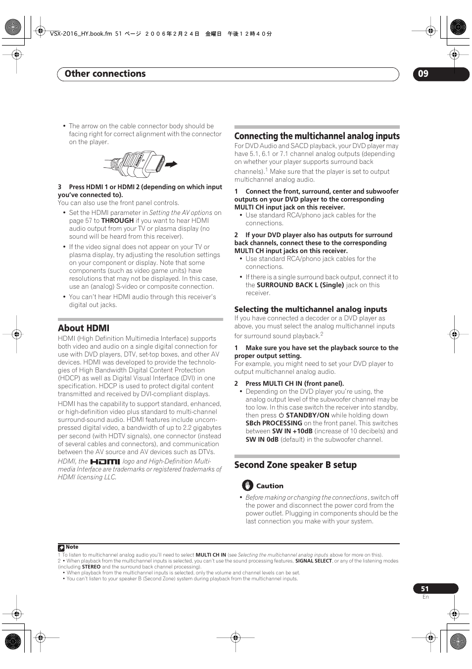 Selecting the multichannel analog inputs, Second zone speaker b setup, Other connections 09 | About hdmi, Connecting the multichannel analog inputs | Pioneer VSX-2016AV User Manual | Page 51 / 79
