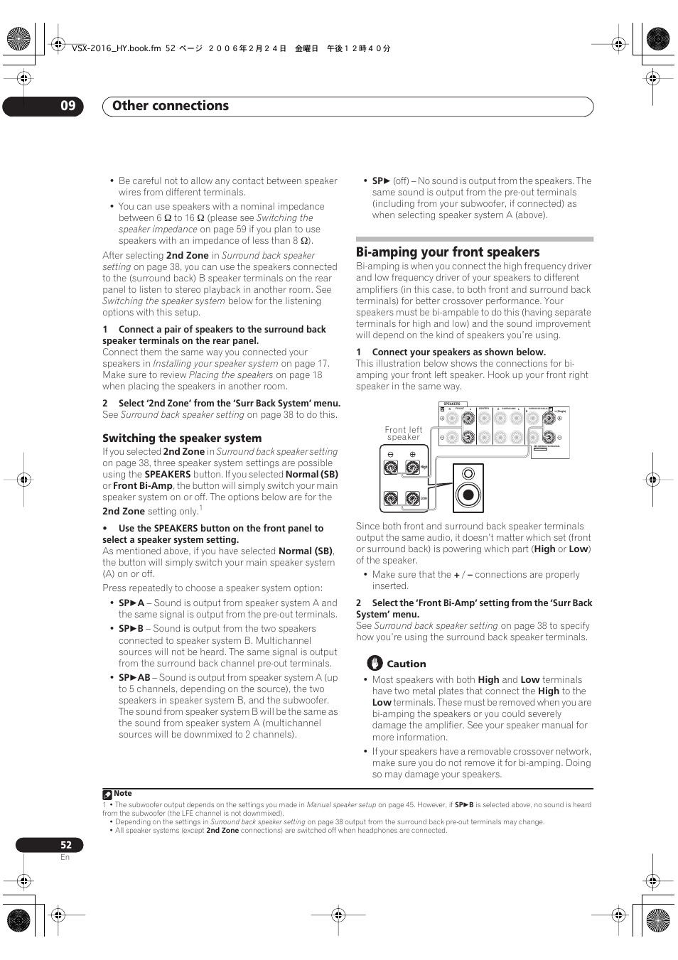 Switching the speaker system, Bi-amping your front speakers, Other connections 09 | Pioneer VSX-2016AV User Manual | Page 52 / 79