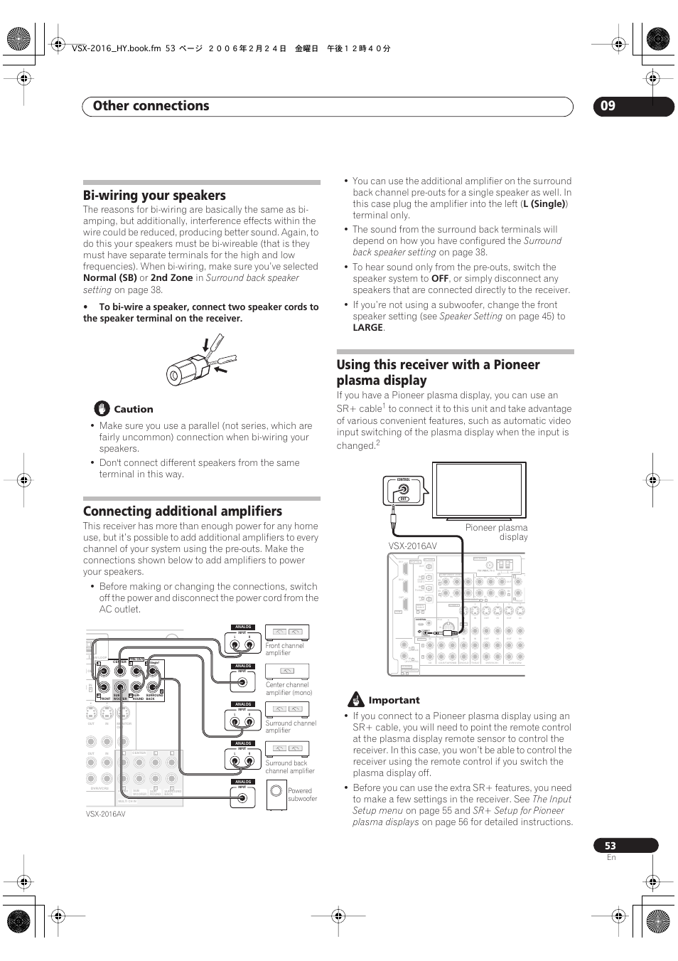 Other connections 09, Bi-wiring your speakers, Connecting additional amplifiers | Using this receiver with a pioneer plasma display, Normal (sb), 2nd zone, Surround back speaker setting, On page 38, Caution, L (single) | Pioneer VSX-2016AV User Manual | Page 53 / 79