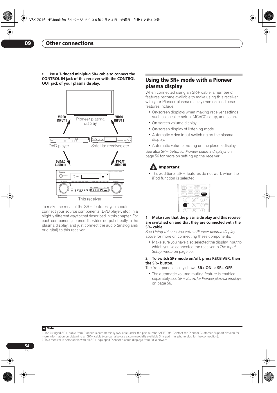 Using the sr+ mode with a pioneer plasma display, Other connections 09 | Pioneer VSX-2016AV User Manual | Page 54 / 79