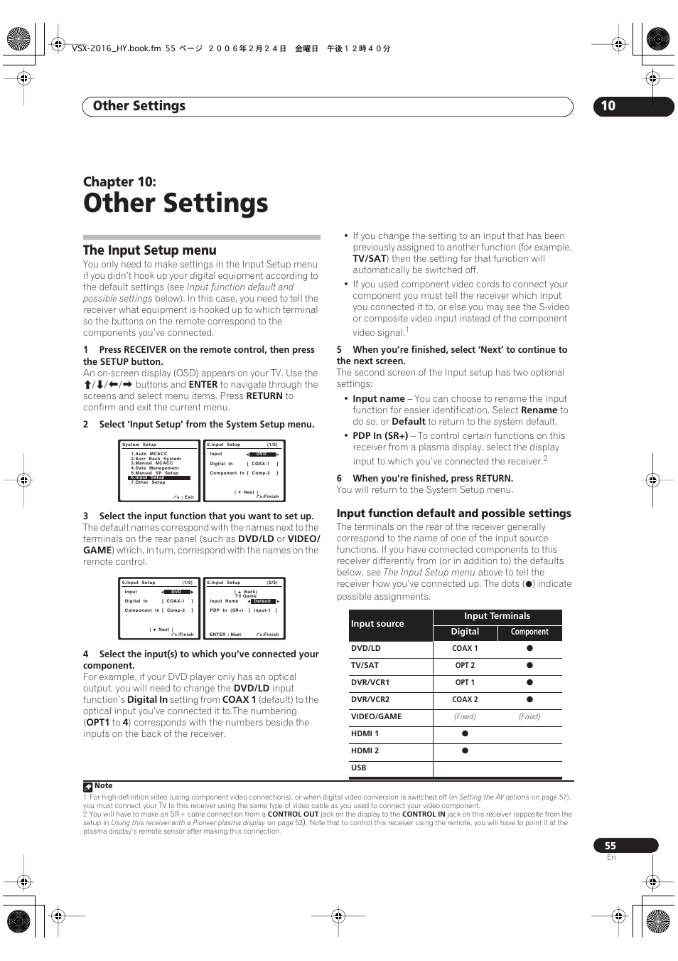 10 other settings, The input setup menu, Input function default and possible settings | Other settings, Other settings 10, Chapter 10 | Pioneer VSX-2016AV User Manual | Page 55 / 79