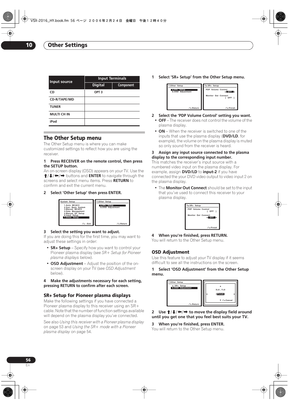 The other setup menu, Other settings 10, Sr+ setup for pioneer plasma displays | Osd adjustment | Pioneer VSX-2016AV User Manual | Page 56 / 79