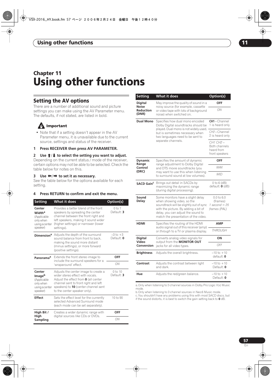 11 using other functions, Setting the av options, Using other functions | Using other functions 11, Chapter 11 | Pioneer VSX-2016AV User Manual | Page 57 / 79